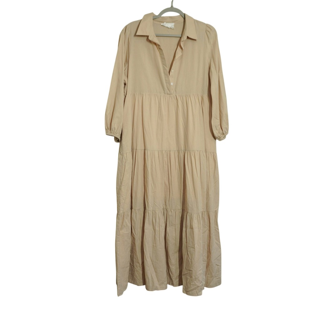 Pomander Place Tuckernuck Size XL Midi Tiered Shirt Dress Beige Cotton Chic
